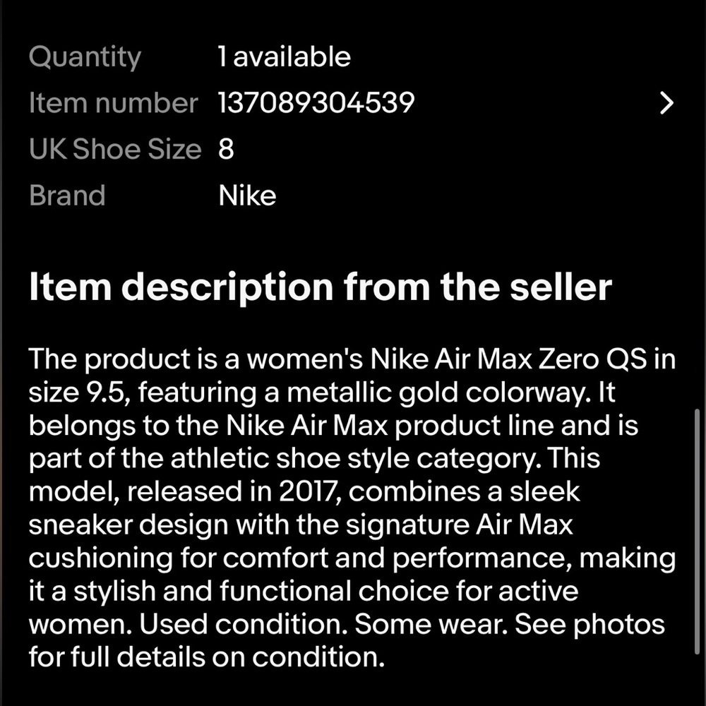 Size 8.0 -Womens Nike Air Max Zero QS Metallic Gold - Picture 15 of 15